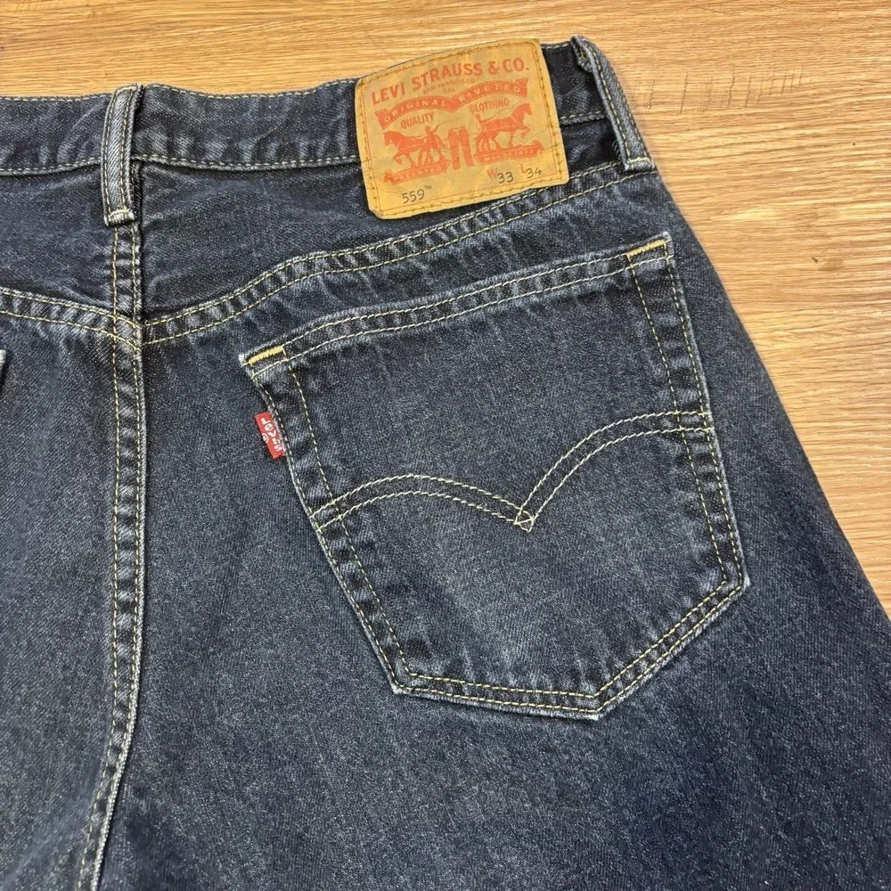 Levis 559 Mens 33x34 Relaxed Straight Leg Jeans Dark‎ Wash Blue Cotton Denim